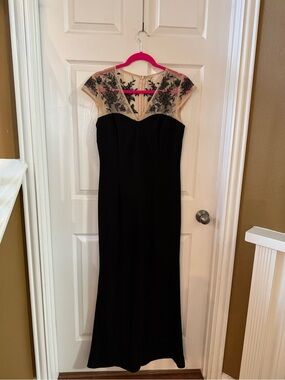 JS Collections Black Evening Gown with Embroidered Nude Illusion